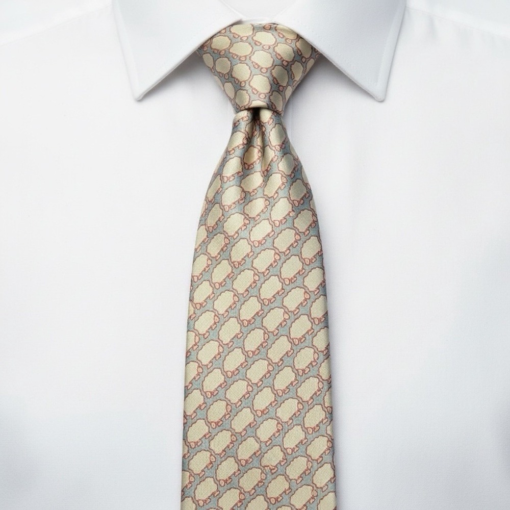 VTG Hermès Paris Silk Tie 7367 PA Mint Green / Pink Sheep AOP Made In France